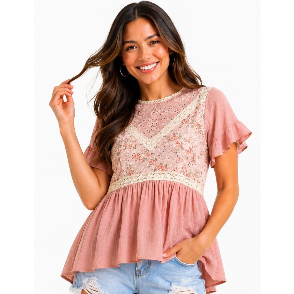New UMGEE S 6 Rose Pink Short Sleeve Floral Eyelet Lace Trim Tie Back Cotton Top